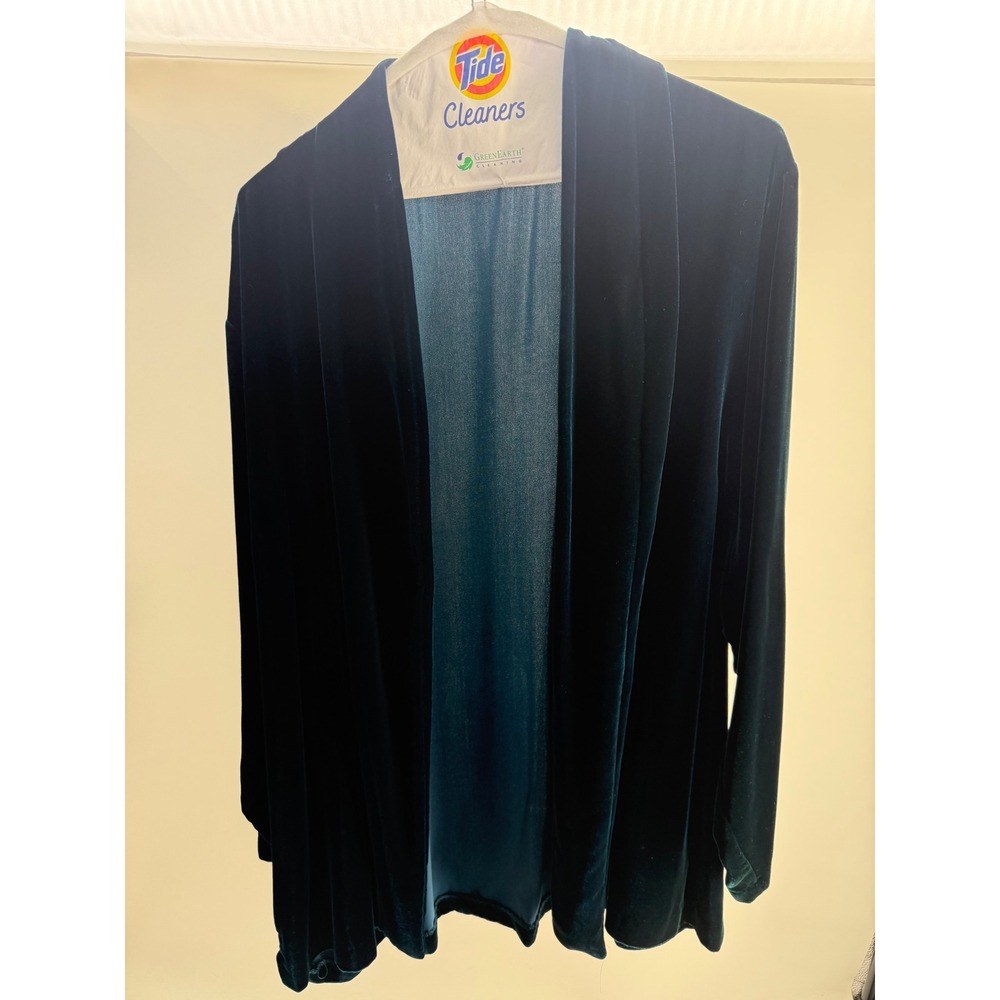 Coldwater Creek Teal Blue Silk Blend Velvet Open Front Cardigan Jacket PXL